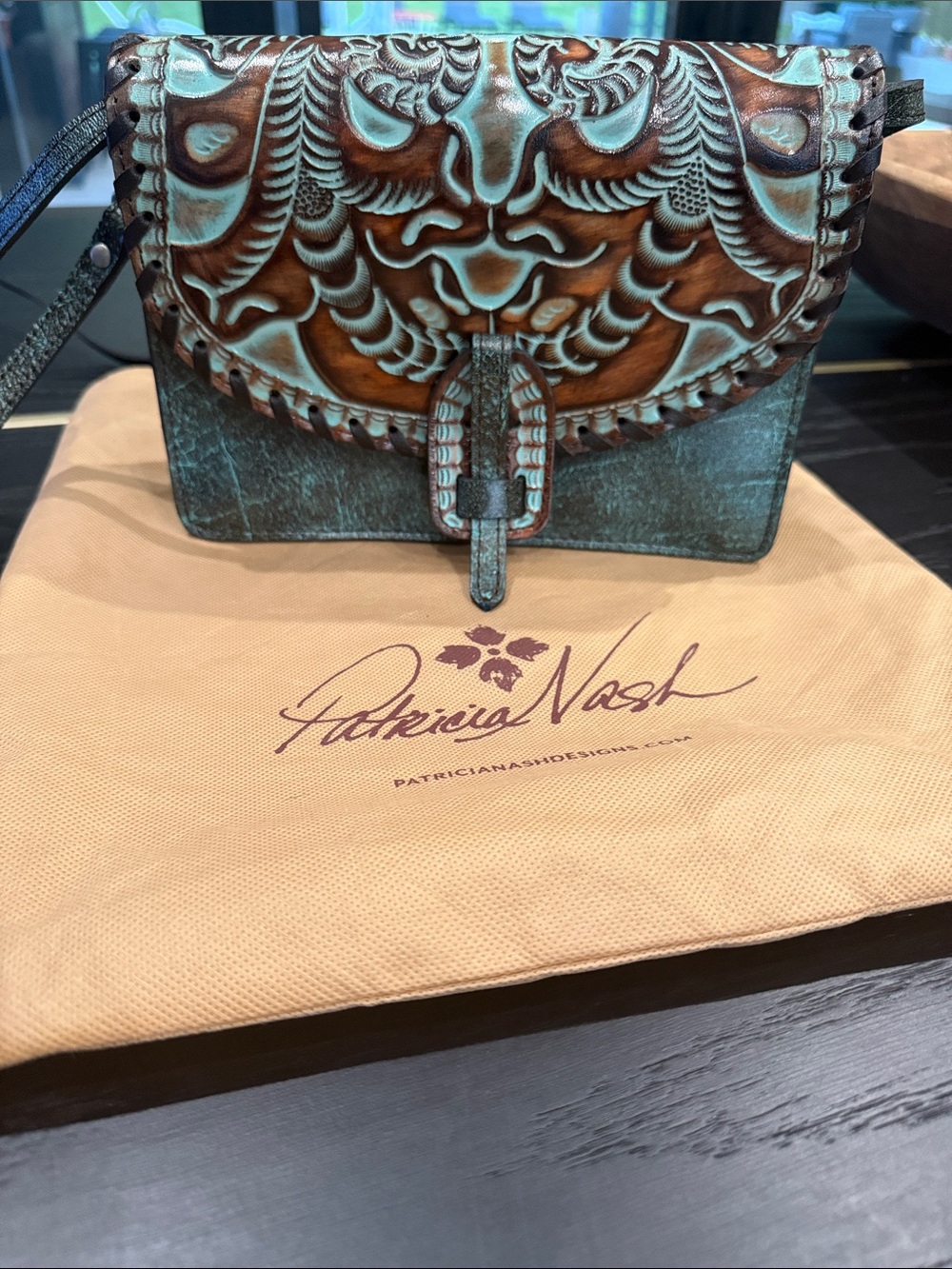 Patricia Nash Turquoise Patina Tooled Leather Crossbody